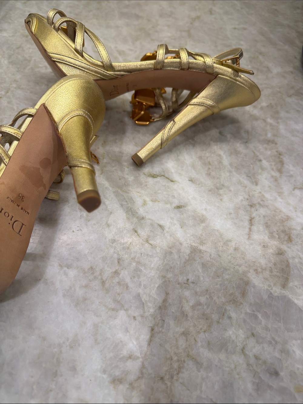 Dior Gold Strappy Heels with Turquoise Stone Accents - Picture 7 of 11